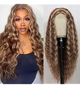 xccoco Long Deep Wave Wigs for Black Women Brown With Blonde Highlight Synthetic Lace Front Wig 4...