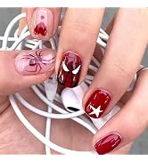 24pcs Halloween Press on Nail Short Square Fake Nails Full Cover Red Spider Designs Stick on Nail...