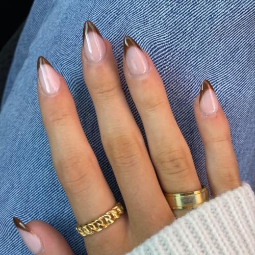 KQueenest 30 Pcs Brown French Tip Press on Nails Short Almond Nails Acrylic Medium Natural Nude Fake Nails Press ons Classic Glue on Nails Short Gel French Tip Nails Fall Nails for Women Fall Winter
