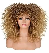 ANNISOUL 16Inch Curly Wigs for Black Women Ombre Blonde Afro Bomb Curly Wig with Bangs Synthetic ...