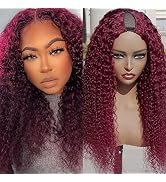 V Part Wig Human Hair No Leave Out No Glue Needed Red 99J Color Curly Wave Wig Upgrade U Part Hum...