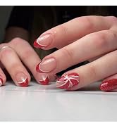 Christmas Press on Nails Short, French Red Glitter Christmas Candy Cane Fake Nails with Design Ov...