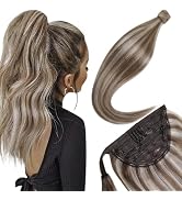 LAAVOO Real Hair Extensions Ponytail Human Hair 18 Inch 80g Light Brown Mix Light Blonde Clip in ...