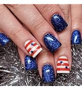 4th of July Press on Nails Short Square SWEKKE Dark Blue Fake Nails False Nails with Stripes Blue...