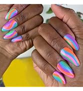 Press On Nails Short Medium Fake Nails Almond, Rainbow Swirl Full Cover Acrylic Gel Nails, Reusab...