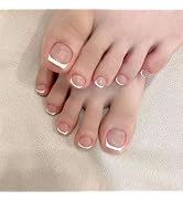 White French Tip Press on Toenails Summer Short Fake Toe Nail Press ons Square Nude Pink Acrylic ...