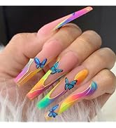 French Tip Press On Nails Long Fake Nails, Butterfly Rainbow Square Full Cover Acrylic Gel Nails,...