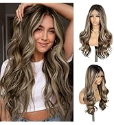 SAPPHIREWIGS 13x4 Brown Lace Front Wig Highlight Brown Synthetic Wig Natural Wavy with Pre Plucke...