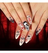 24Pcs Halloween French Tip Press on Nails Medium Length Almond Fake Nails Black Spider Design Fal...