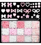 RODAKY Bow Nail Charms Pink&White 3D Bow Nail Charms Multi Shape Nail Decoration Flatback Pearl B...