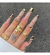 BABALAL Nails Press on Long Square Fake Nails Gold Glue on Nails 3D Texture Chrome Acrylic Nails ...