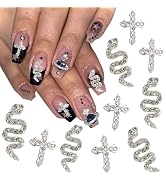 RODAKY 10PCS 3D Silver Cross Nail Art Charms Flatback Snake Nail Jewelry with Crystal Rhinestone ...