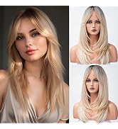 BESTUNG Long Straight Blonde Ombre Wig With Curtain Bangs Layered Wigs for Women Middle Part Wig ...