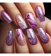 24Pcs Purple Curve Line Press on Nails Rhinestones Acrylic Medium Square Fake Nail Glossy Red Gra...