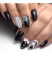 Halloween Press on Nails Short Almond SWEKKE Fake Nails Bad Little Girl Black Full Cover False Na...