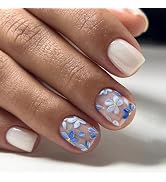 WAFOLOZE Nails Press ons,White Short Square Press on Nails Fake/False Nails with Blue Flower Desi...