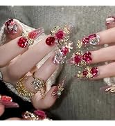 BABALAL Press on Nails Long Coffin Fake Nails Pink Glue on Heart Bow Charm Luxury Shine Acrylic N...