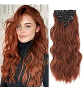 NAYOO Clip in Hair Extensions for Women 20 Inch Long Wavy Curly Auburn Hair Extension Full Head S...