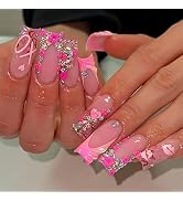 Press on Nails Long Square Fake Nails Rhinestones Full Cover Tip Glitter Stick on Nails Pink Flow...