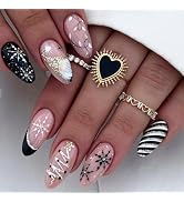 Christmas Press on Nails Medium Almond French Winter Fake Nails Nude Full Cover Gnome Snow Tree F...