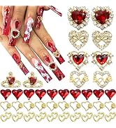 RODAKY 40PCS Red Heart Nail Charms Valentine's Day 3D Heart Shape Nail Art Supplies with Red Rhin...