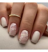 Press on Nails Medium Square SWEKKE Fake Nails White Full Cover Gold Foil White Marble False Nail...
