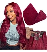 Burgundy Seamless Clip in Hair Extensions Human Hair, 7 Pieces 99J Clip in Hair Extensions Real H...