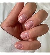 ANDGING Press on Nails Short Oval, Fake Nails for Women with Simple Nude Pink White Curved Swirl ...