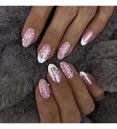 Christmas Press on Nails Short Almond MABKJLF French Tip Fake Nails Pink False Nails with Designs...
