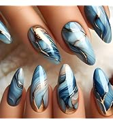 Sparkly Curve Line Press on Nails Blue Gradient Acrylic Medium Almond Fake Nail Marble Stick on F...