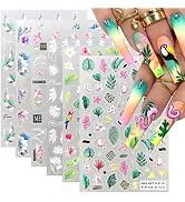 6 Sheets 5D Flower Nail Art Stickers Decals Embossed Ultrathin Tropical Palms Color Floral Green ...