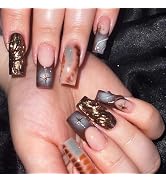 BABALAL Square Press on Nails Long Fake Nails French Tip Glue on Nails Brown Chrome Acrylic Nails...