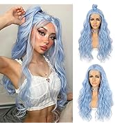 Sapphirewigs Wigs for Women Long Wavy Hair Ice Blue Wig Lace Front Wig Heat Resistant Hair Party ...