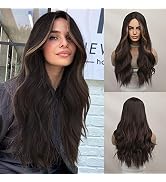 Haoland Dark Brown Wig for Women Synthetic Wig Long Natural Wavy Middle Part Heat Resistant Wigs ...