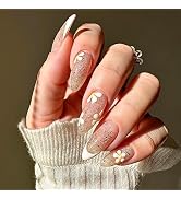 24 Pcs White French Tip Press on Nails Medium Almond Fake Nails,Flower Glossy Glue on Nails Full ...