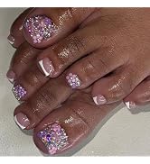 White French Tip Press on Toenails Square Fake Toenails Flower Full Cover Pearl 3D Diamond False ...