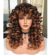 Annivia Curly Wig with Bangs for Black Women Ombre Brown Kinky Long Curly Wig Synthetic Hair Dail...