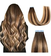 Sunya Tape in Hair Extensions Human Hair Balayage Chocolate Brown to Caramel Blonde 16 Inch 40g/p...