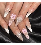 French Tip 3D Bow Charm False Nails with Heart Pearl Press on Nails Glossy Full Cover Fake Nails ...