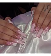 Long Square Press on Nails SWEKKE French Tip Fake Nails Pink Gradient Star Charm Full Cover False...