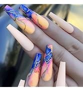MUZOXEN Press on Nails Extra Long, Square Coffin Acrylic Full Cover Fake Nails with Elegant Graff...