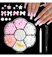 RODAKY Pink Bow Nail Charms Cute 3D Pearl Flower Nail Art Decorations Flatback Resin Bowknot Char...