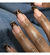 French Tip Press on Nails Medium Square Fake Nails with Leopard Print Designs Glossy Full Cover N...