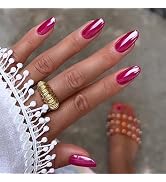 Hot Pink Press on Nails Medium Almond Fake Nails Chrome False Nails with Design Glossy Full Cover...