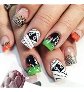 Halloween Press on Nails Short Square French Fake Nails Press ons Green Cartoon False Nails with ...