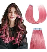 Sunya Tape in Hair Extensions Human Hair Hot Pink Tape in Hair Extensions Straight 16 Inch 10PCS/...