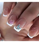 ArtiClaws Press On Nails Medium Square Pink Blue Butterfly 24 Pcs Fake Nails with Designs Acrylic...
