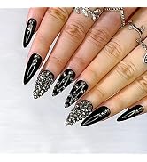 Morily 24pcs Fake Nails Black with Rhinestones Luxury Pure Color Medium Long Stiletto Almond Pres...
