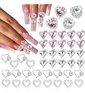 RODAKY 44PSC Pink Nail Charms Valentine's Day 3D Heart Charms with Rhinestone Silver Heart Nail A...
