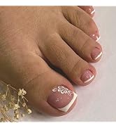 French Tip Press on Toenails White Flower Short Square Fake Toe Nails Full Cover Glue on Toe Nail...